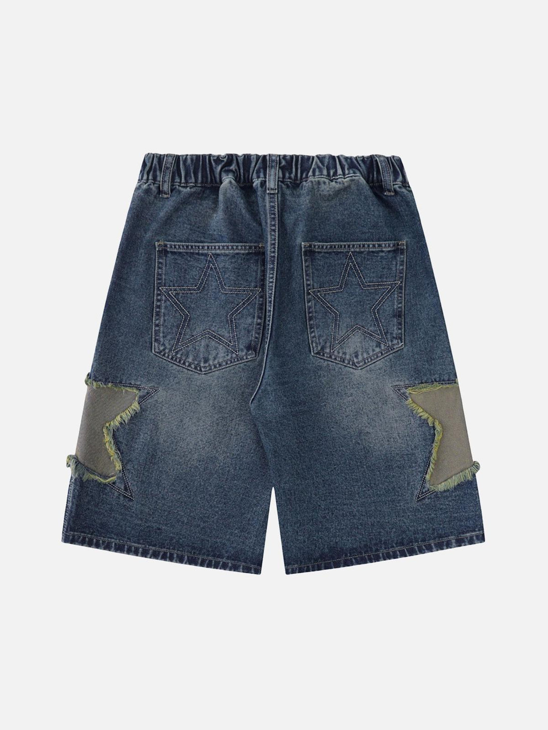 Back view of TALISHKO blue denim shorts with star embroidery and patchwork detail.