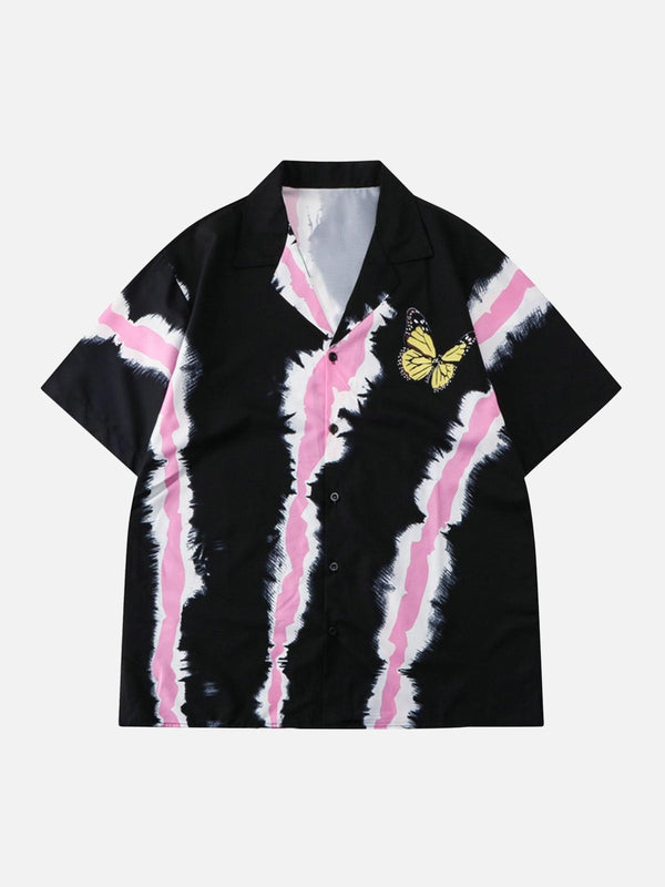 Front view of a black short sleeve shirt by TALISHKO with pink stripes and a yellow butterfly design.