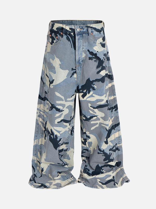 Front view of blue camouflage baggy jeans by TALISHKO, perfect for bold street style.