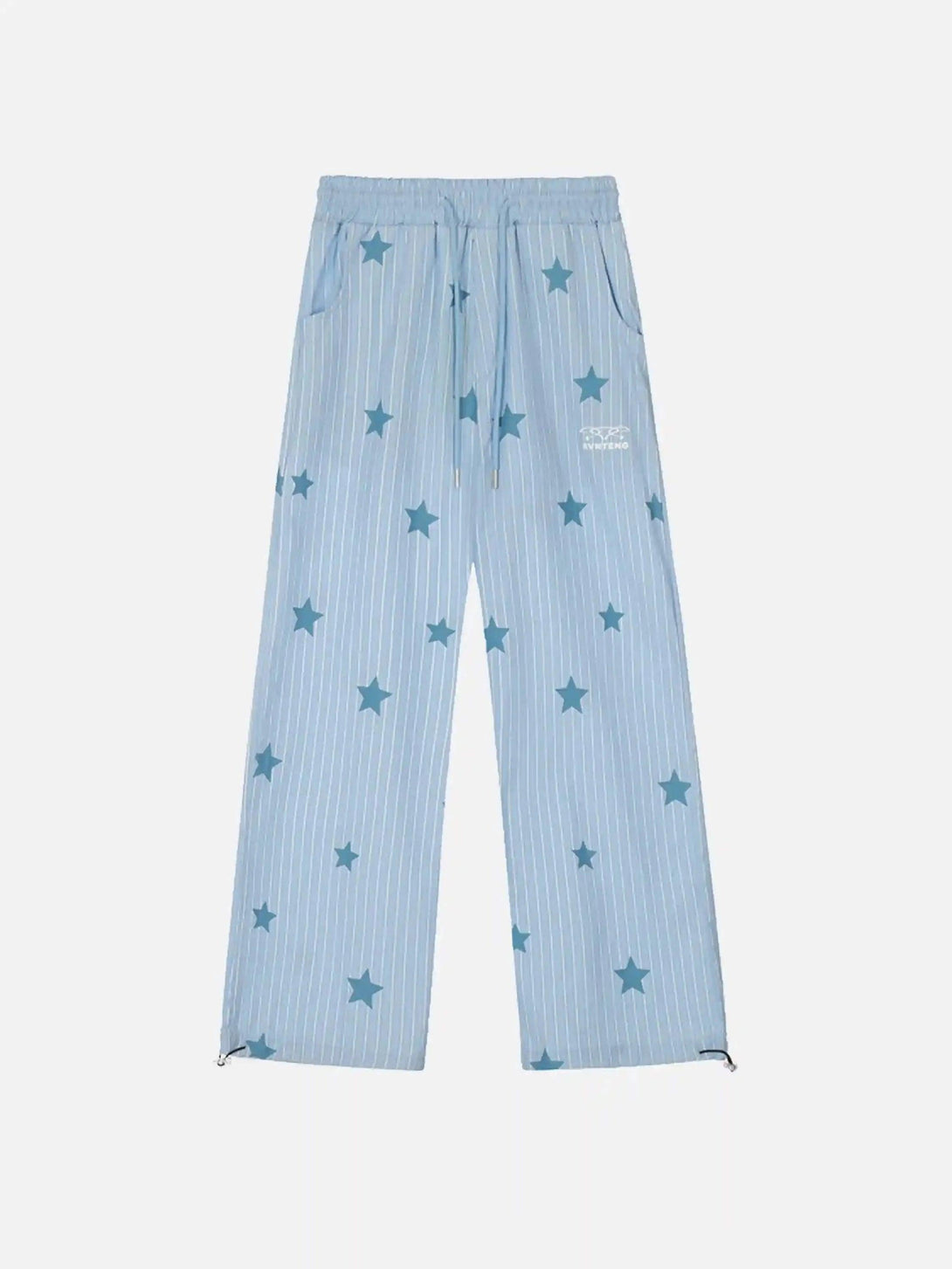 TALISHKO blue trousers with star and stripe pattern, shown in a front view for street style.