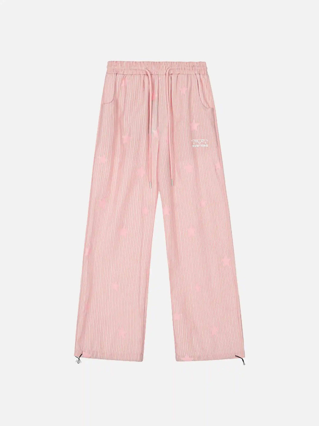 Front view of pink TALISHKO trousers with star and stripe pattern, perfect for trendy street style.