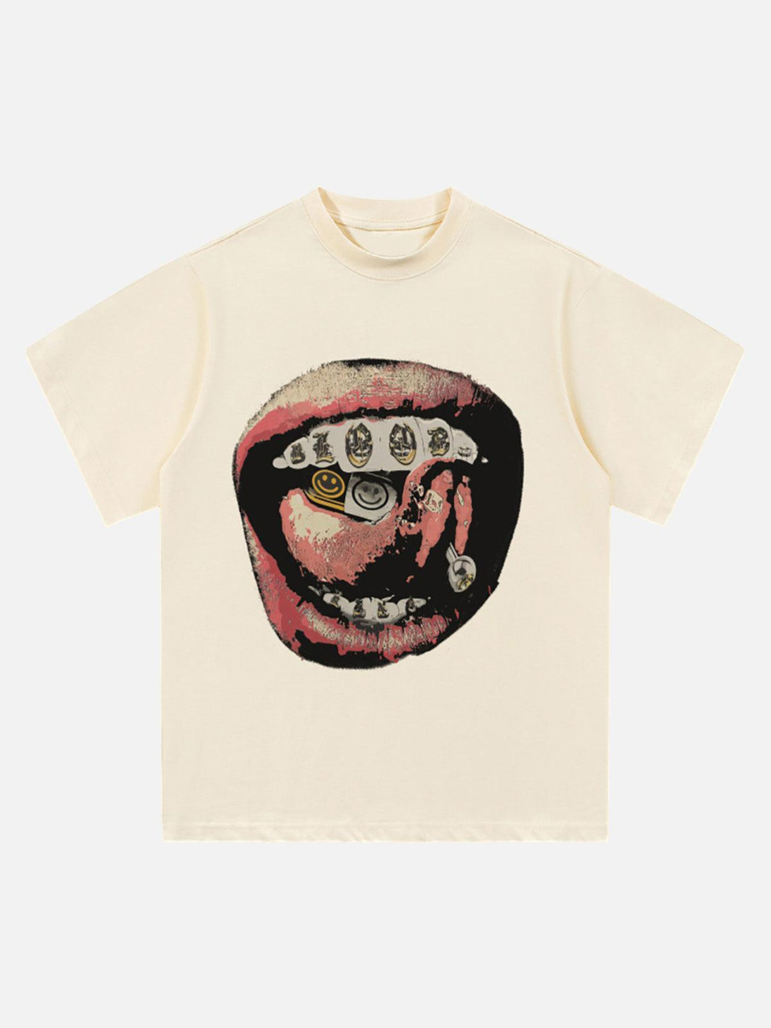 Front view of a beige lip print T-shirt by TALISHKO, offering a bold retro street vibe.