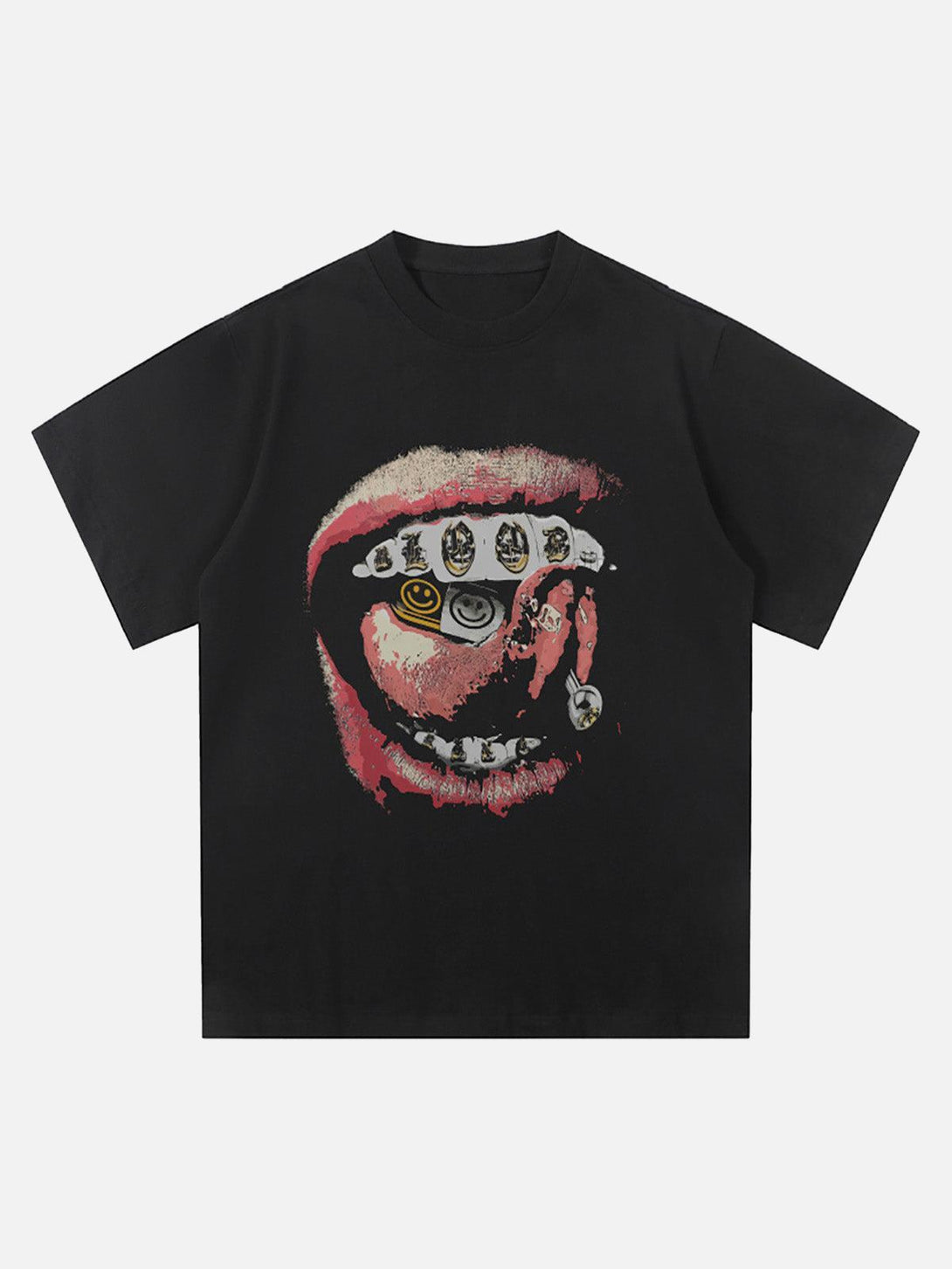 Front view of a black lip print T-shirt by TALISHKO, ideal for a vintage street style.