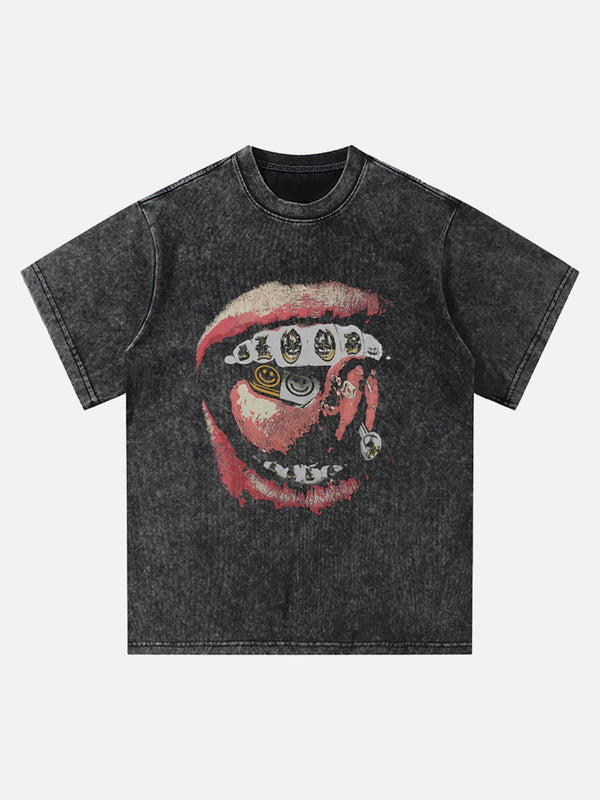 Front view of a washed black lip print T-shirt by TALISHKO, perfect for a retro street look.