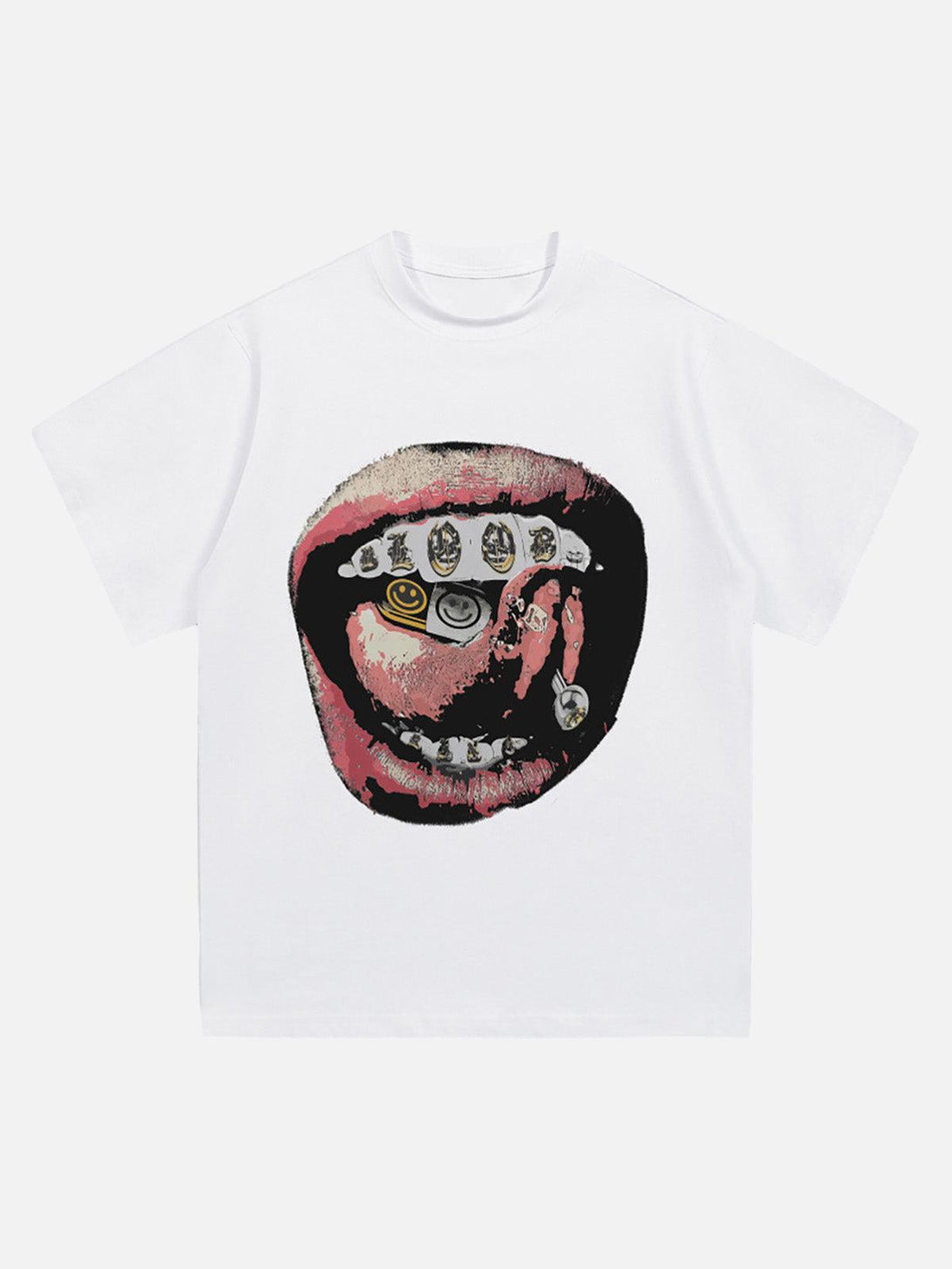 Front view of a white lip print T-shirt by TALISHKO, adding an edgy touch to your summer wardrobe.