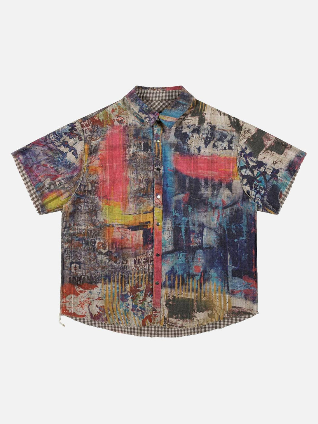 Front view of a colorful, short-sleeved shirt by TALISHKO, showcasing vibrant street art patterns.