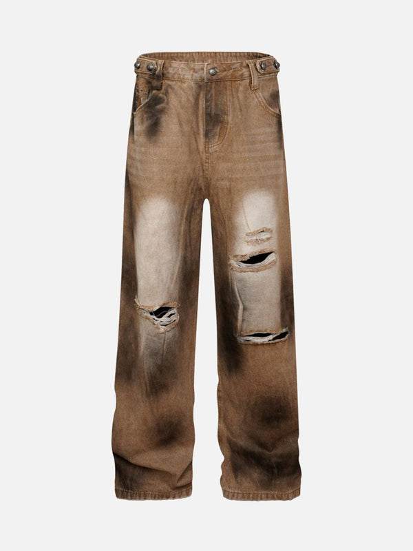 Front view of brown ripped jeans with a distressed look by TALISHKO, perfect for urban style.