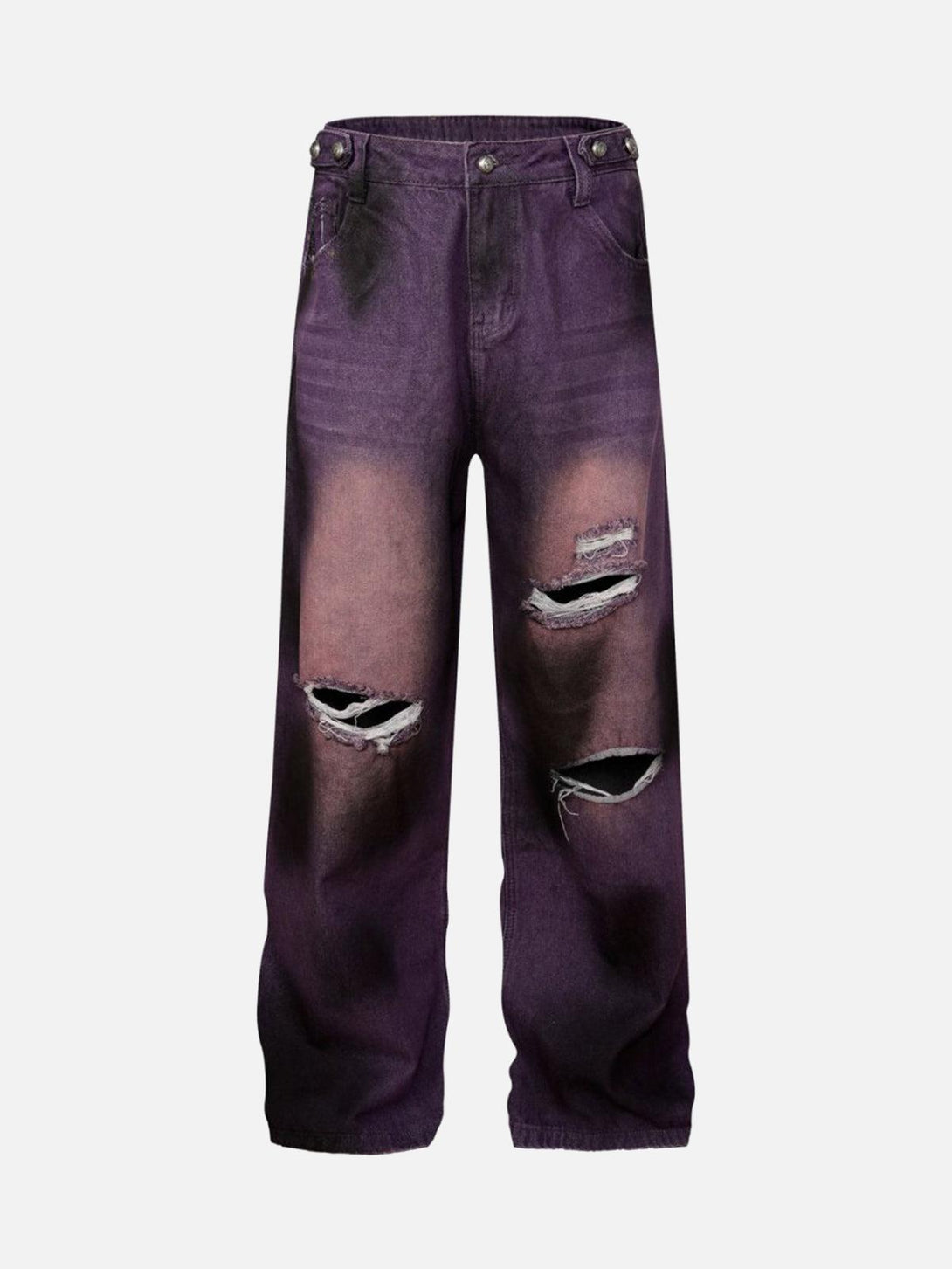 Front view of purple ripped jeans by TALISHKO, featuring a grunge-inspired distressed design.