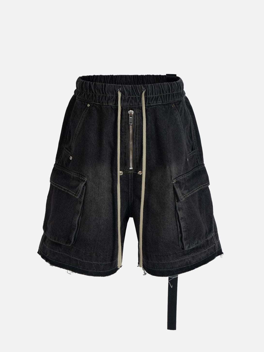 Front view of black denim cargo shorts by TALISHKO with oversized pockets and drawstring waist.