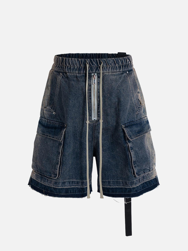 Front view of blue denim cargo jort by TALISHKO, featuring large pockets and a casual style.