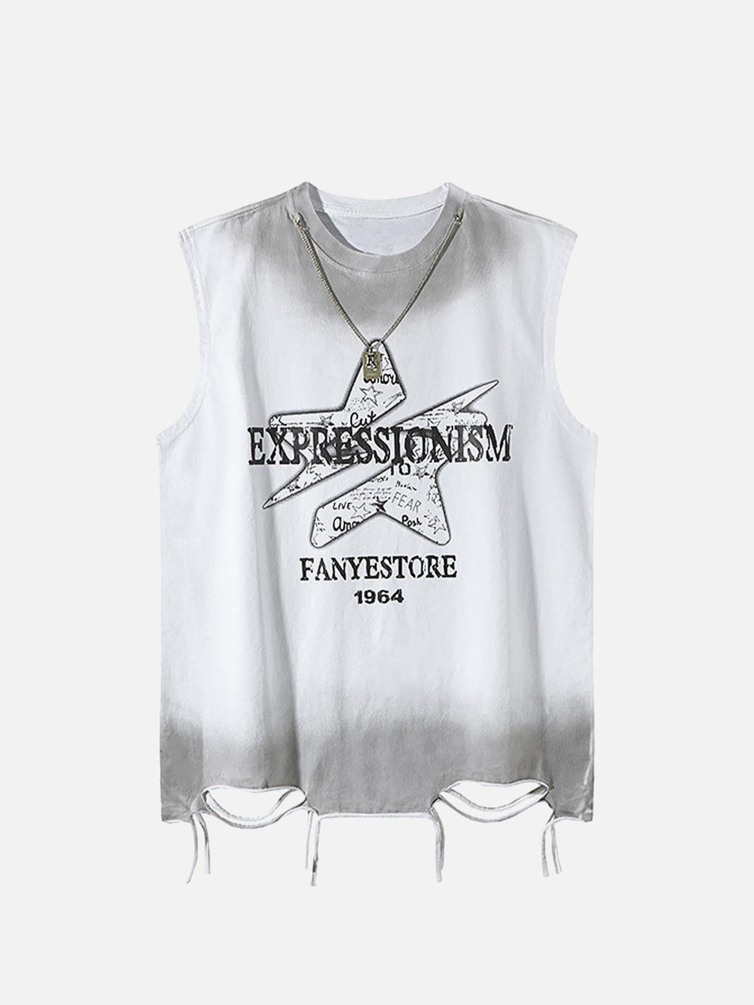 Front view of a white street star graphic vest by TALISHKO, featuring a trendy cutout hem.