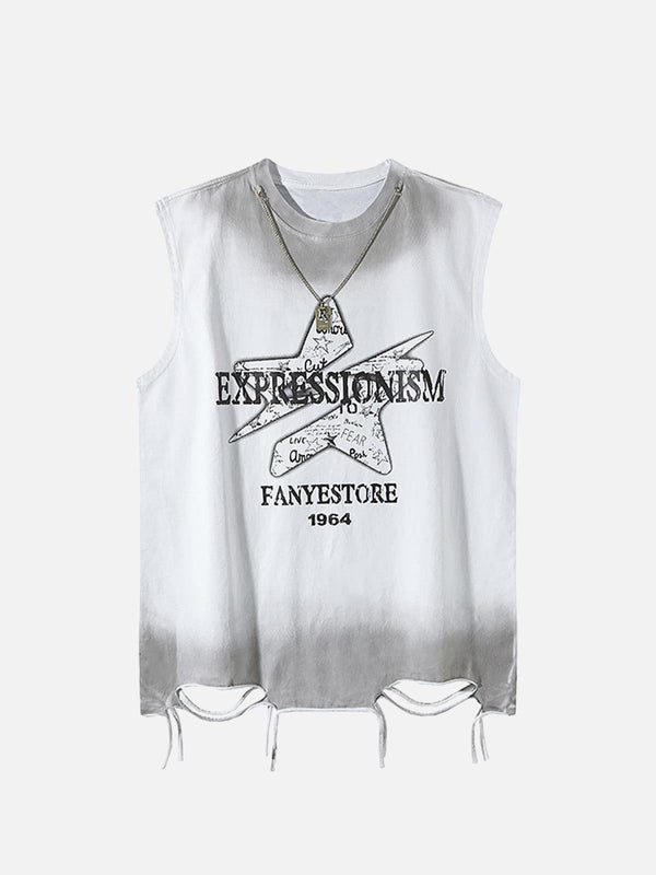 Front view of a white street star graphic vest by TALISHKO, featuring a trendy cutout hem.