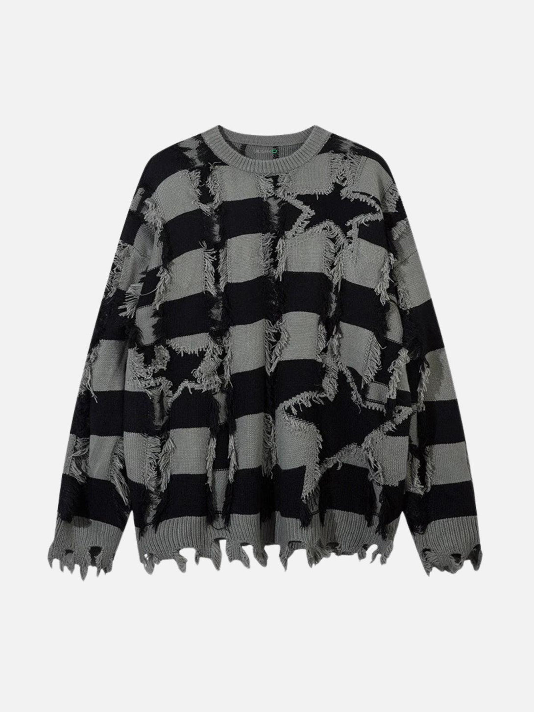 TALISHKO gray and black striped sweater with a distressed, ripped design in a front view.
