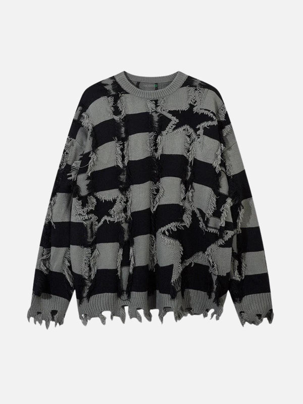 TALISHKO gray and black striped sweater with a distressed, ripped design in a front view.