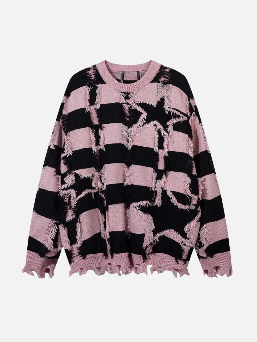 Front view of TALISHKO pink and black striped sweater with star patterns and distressed details.