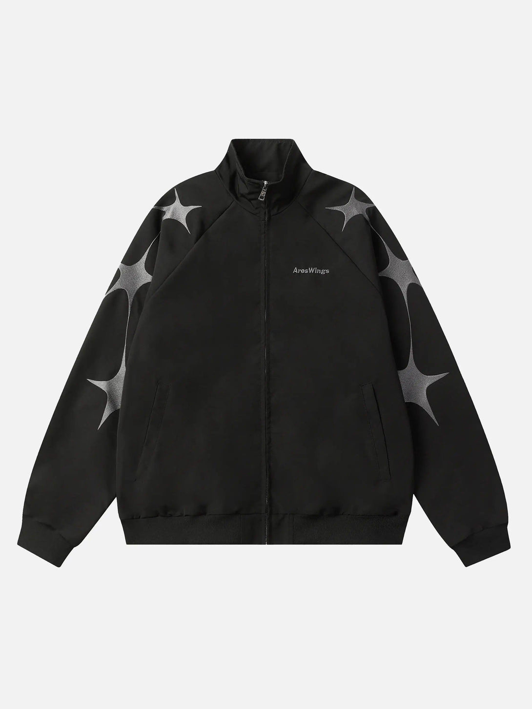 TALISHKO black zip-up jacket featuring star embroidery, front view highlighting street style.