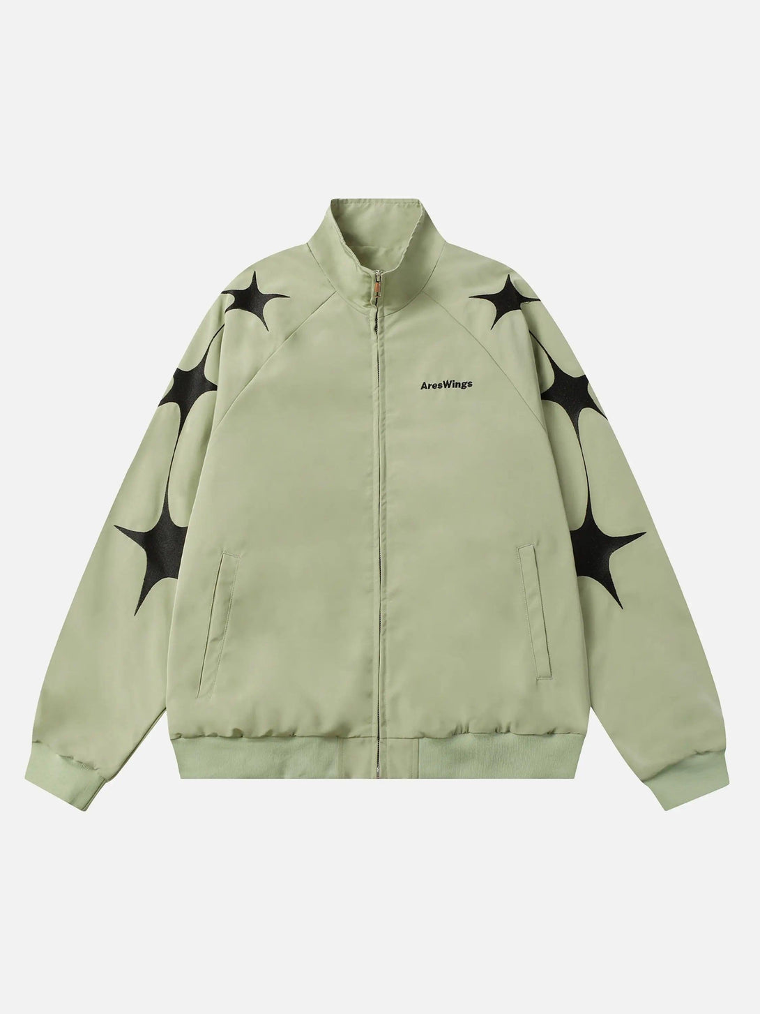 Front view of TALISHKO's green zip-up jacket with star embroidery, perfect for a street-ready look.
