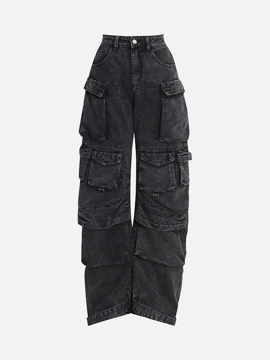 Front view of TALISHKO dark gray cargo jeans showcasing a rugged, multi-pocket design.