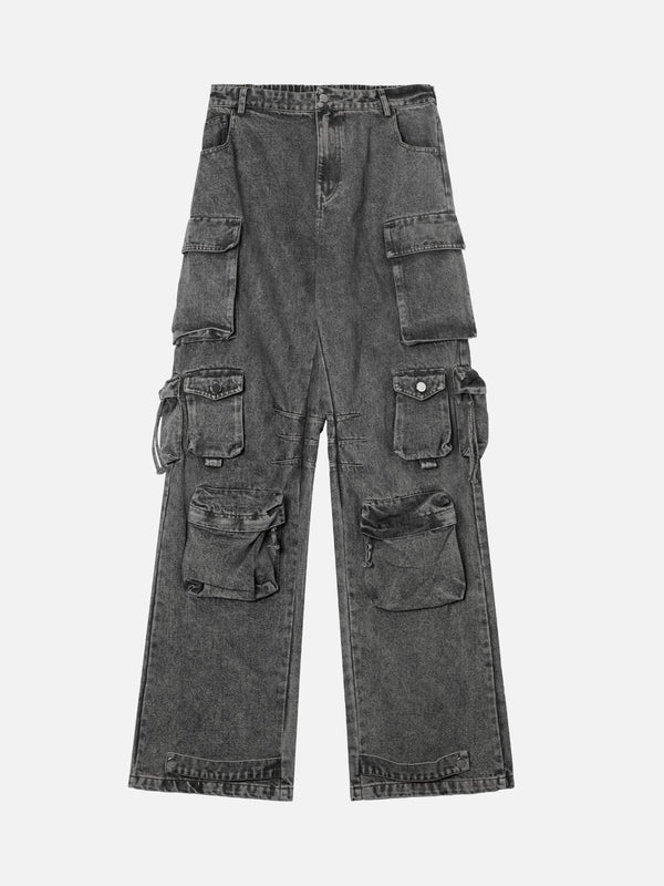 Front view of TALISHKO light gray washed jeans with a multi-pocket design for urban style.