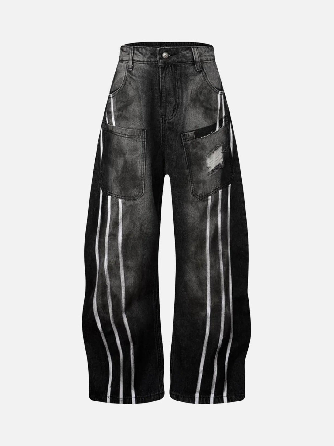 Front view of black barrel jeans with a dirty dye effect and stripes by TALISHKO.