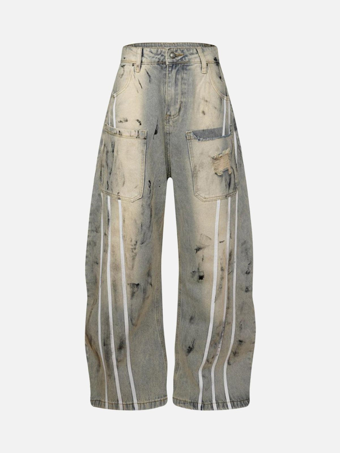 Front view of gray blue barrel jeans with distressed details and stripes, designed by TALISHKO.