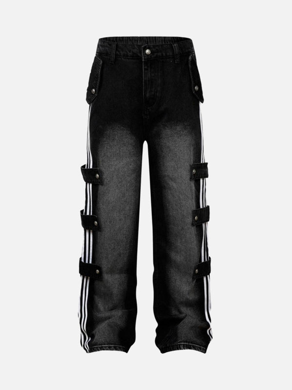 Front view of TALISHKO black paneled work jeans with side stripes, perfect for urban style.