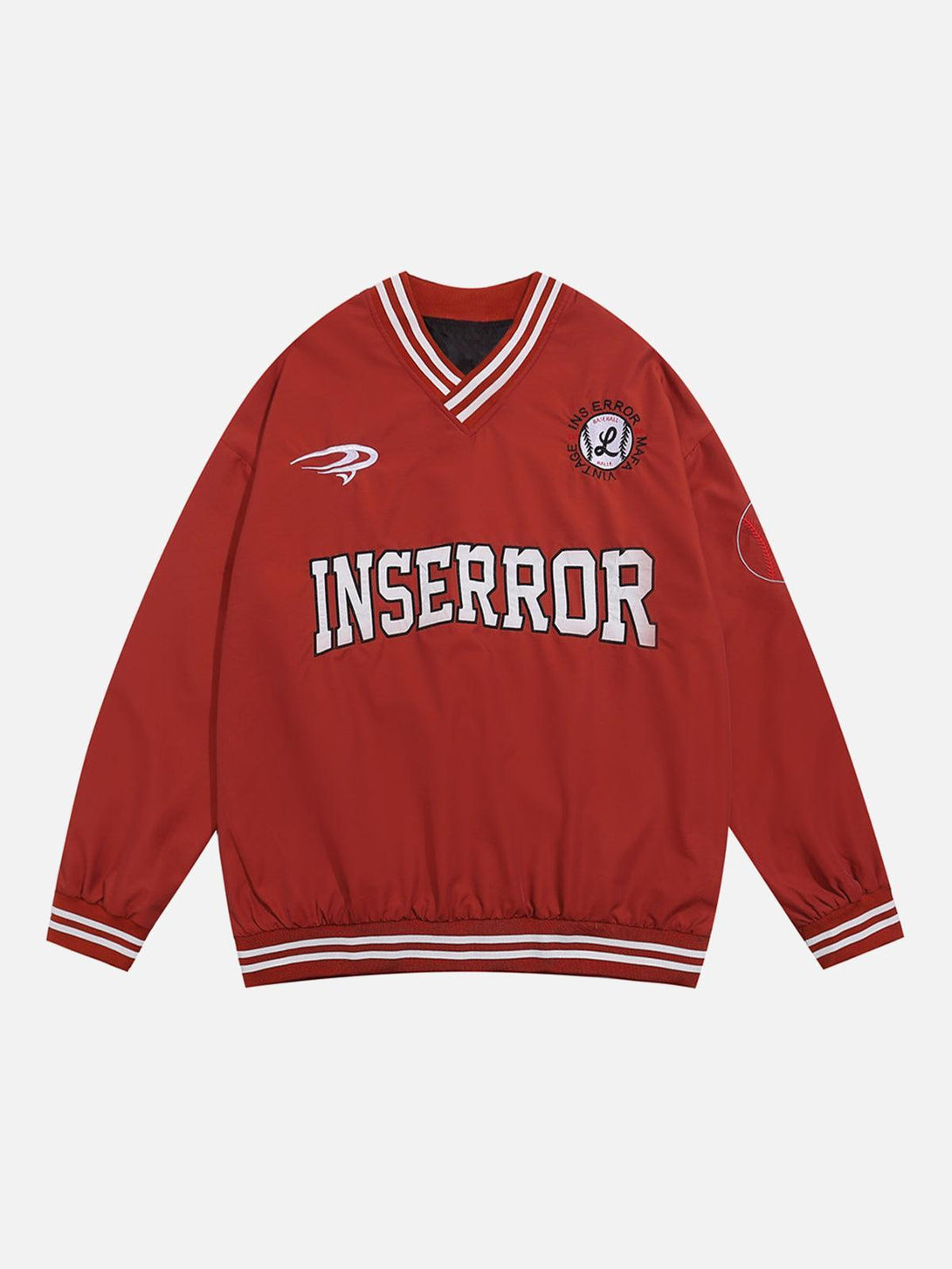 Red V-neck baseball-inspired sweatshirt by TALISHKO, featuring bold lettering on the front.