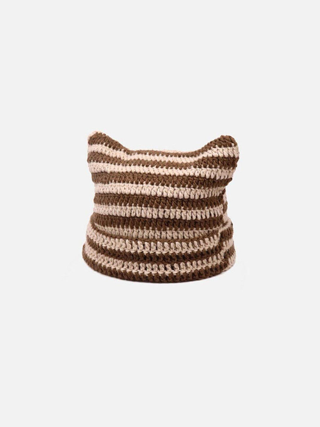 Front view of TALISHKO's coffee striped cat ear hat, adding a playful urban flair.