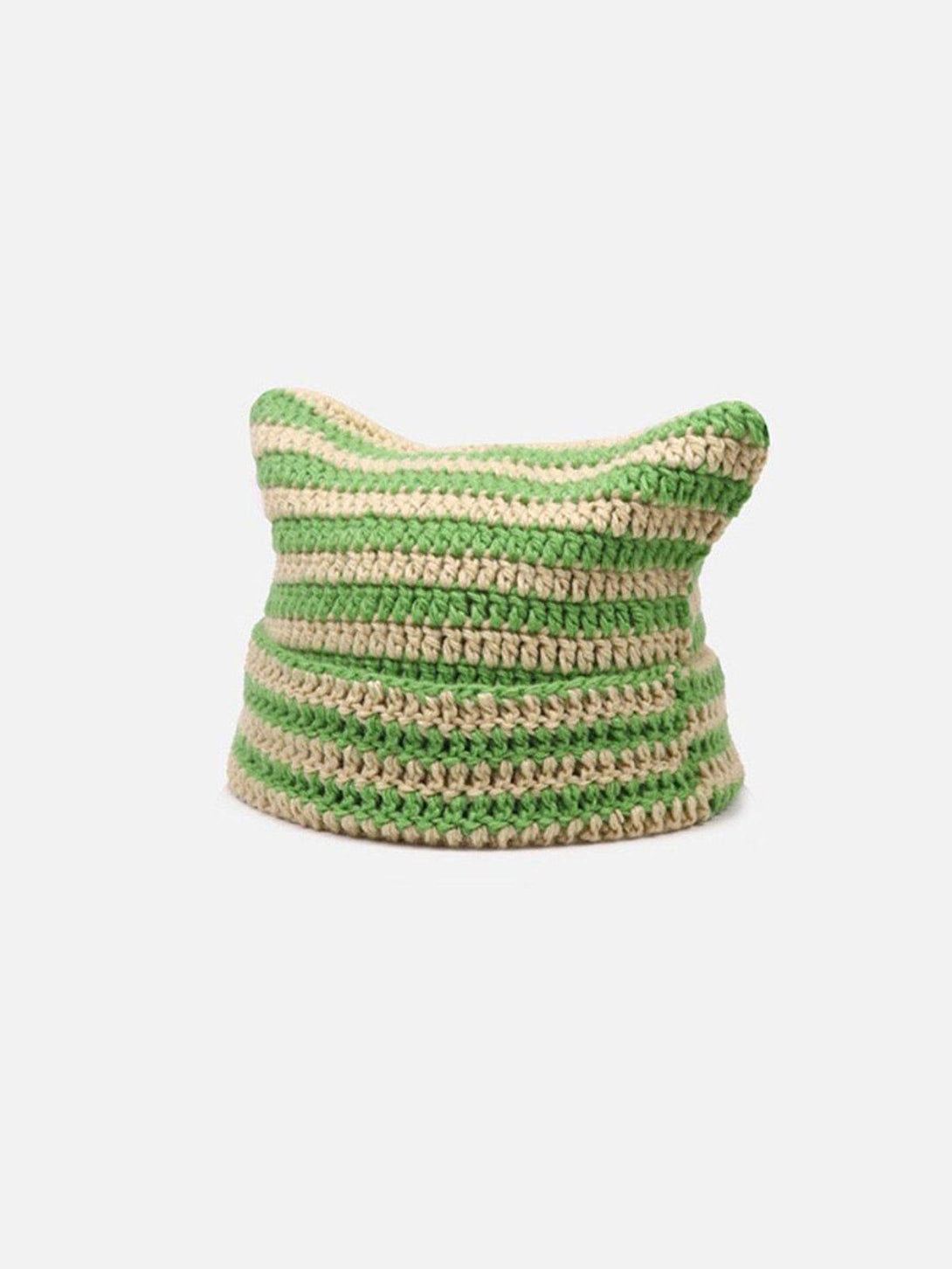 TALISHKO's green and beige striped cat ear hat, front view, adds a playful street vibe.