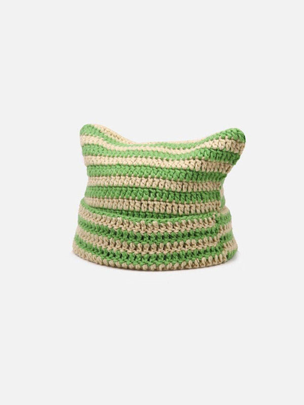 TALISHKO's green and beige striped cat ear hat, front view, adds a playful street vibe.