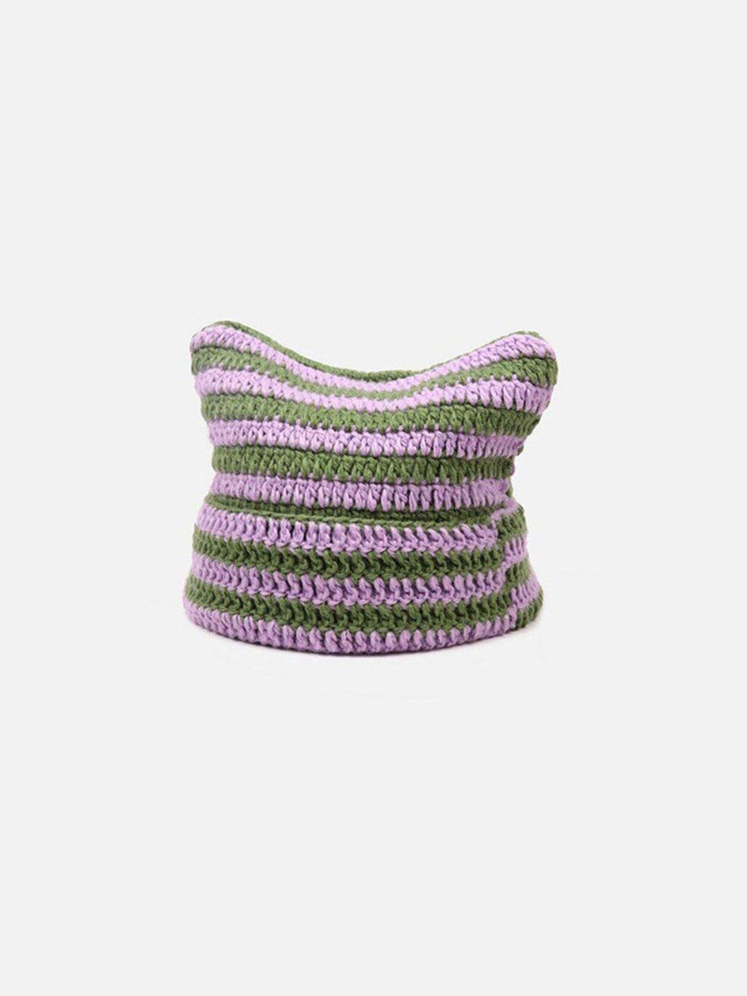 Front view of TALISHKO's purple and green striped cat ear hat, adding a fun urban touch.
