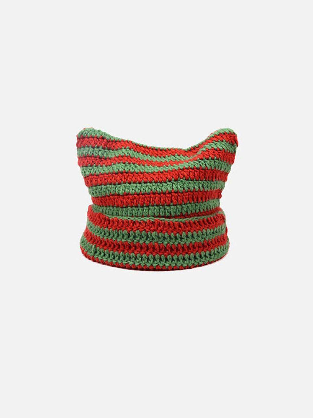 Front view of TALISHKO's red and green striped cat ear hat, perfect for a playful urban look.