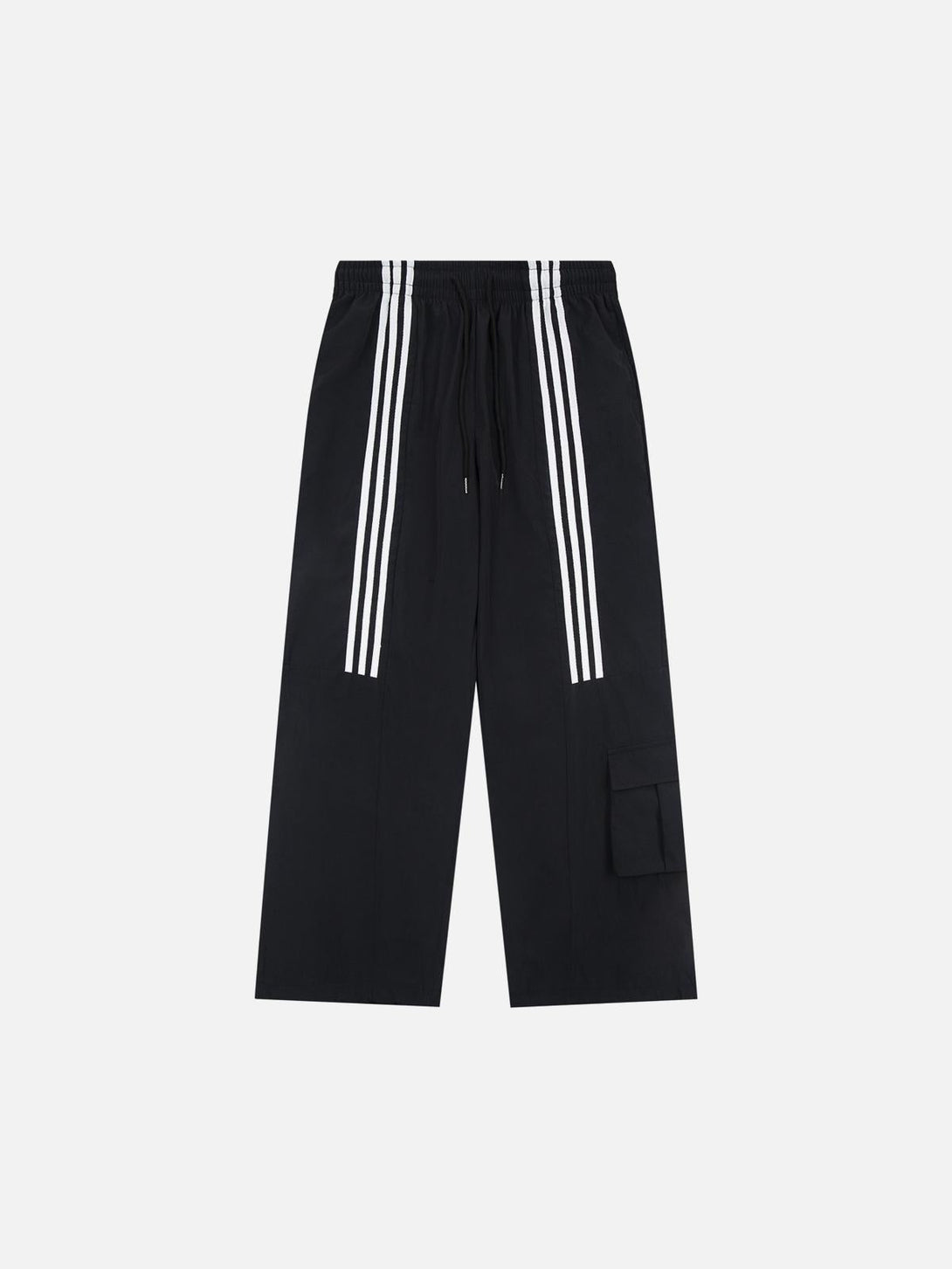 Front view of black striped draped sweatpants by TALISHKO, featuring a relaxed fit.