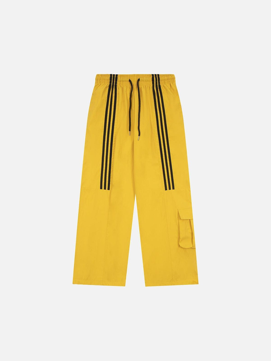 Front view of yellow striped draped sweatpants by TALISHKO, featuring a relaxed fit.