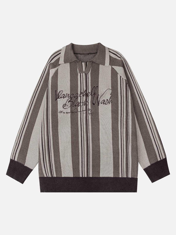 Front view of a gray striped knit polo sweater by TALISHKO, featuring embroidered text.