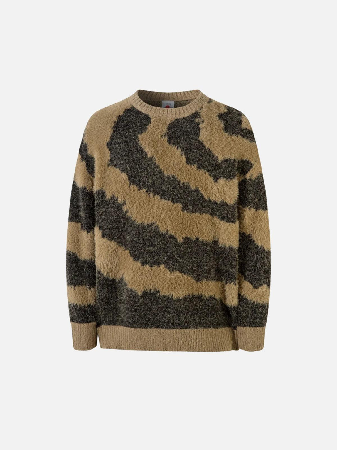 Front view of a brown striped knit sweater by TALISHKO, perfect for a relaxed, urban look.