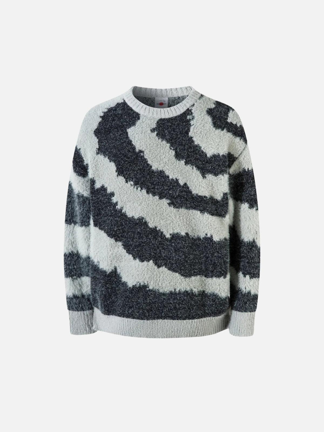 Front view of a cozy gray striped knit sweater by TALISHKO, ideal for casual street style.