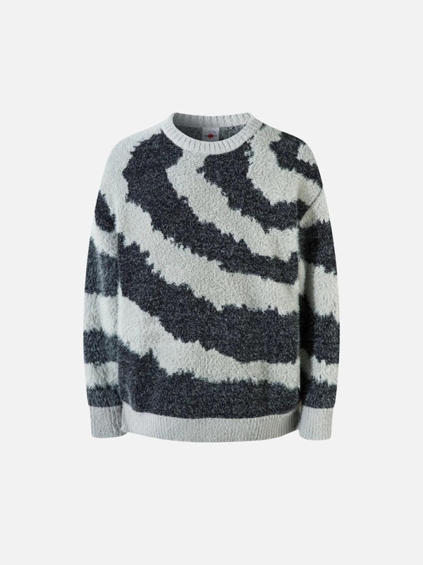 Front view of a cozy gray striped knit sweater by TALISHKO, ideal for casual street style.