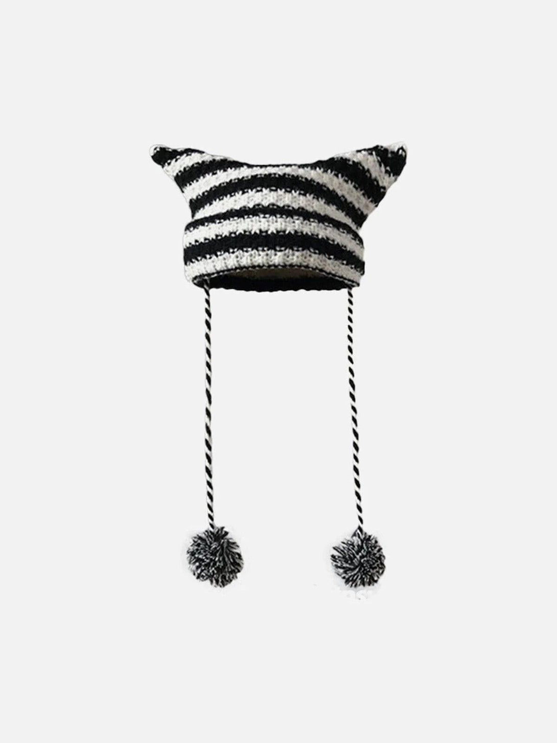TALISHKO black and white striped hat with cat ears and pom-pom ties, front view.