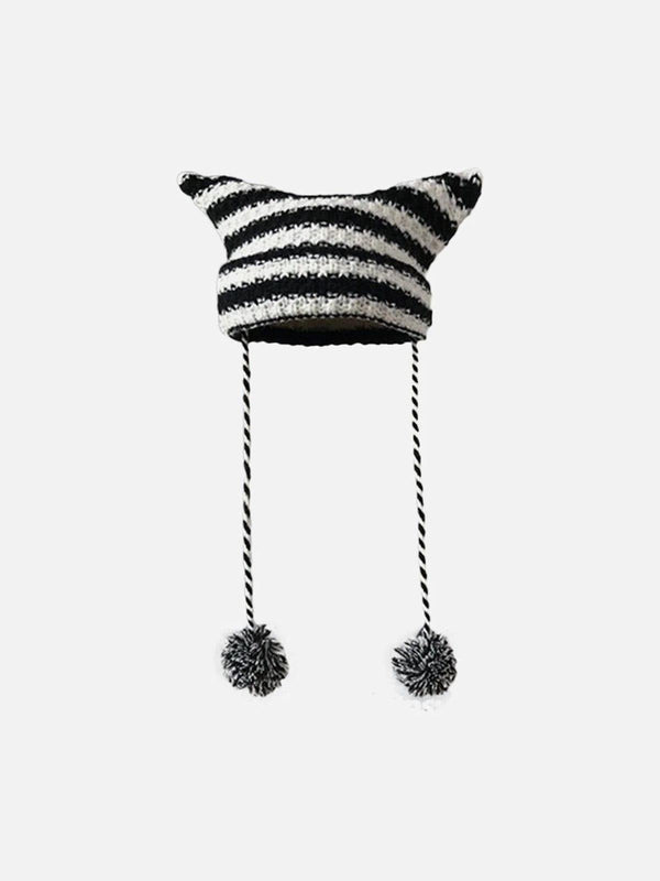 TALISHKO black and white striped hat with cat ears and pom-pom ties, front view.