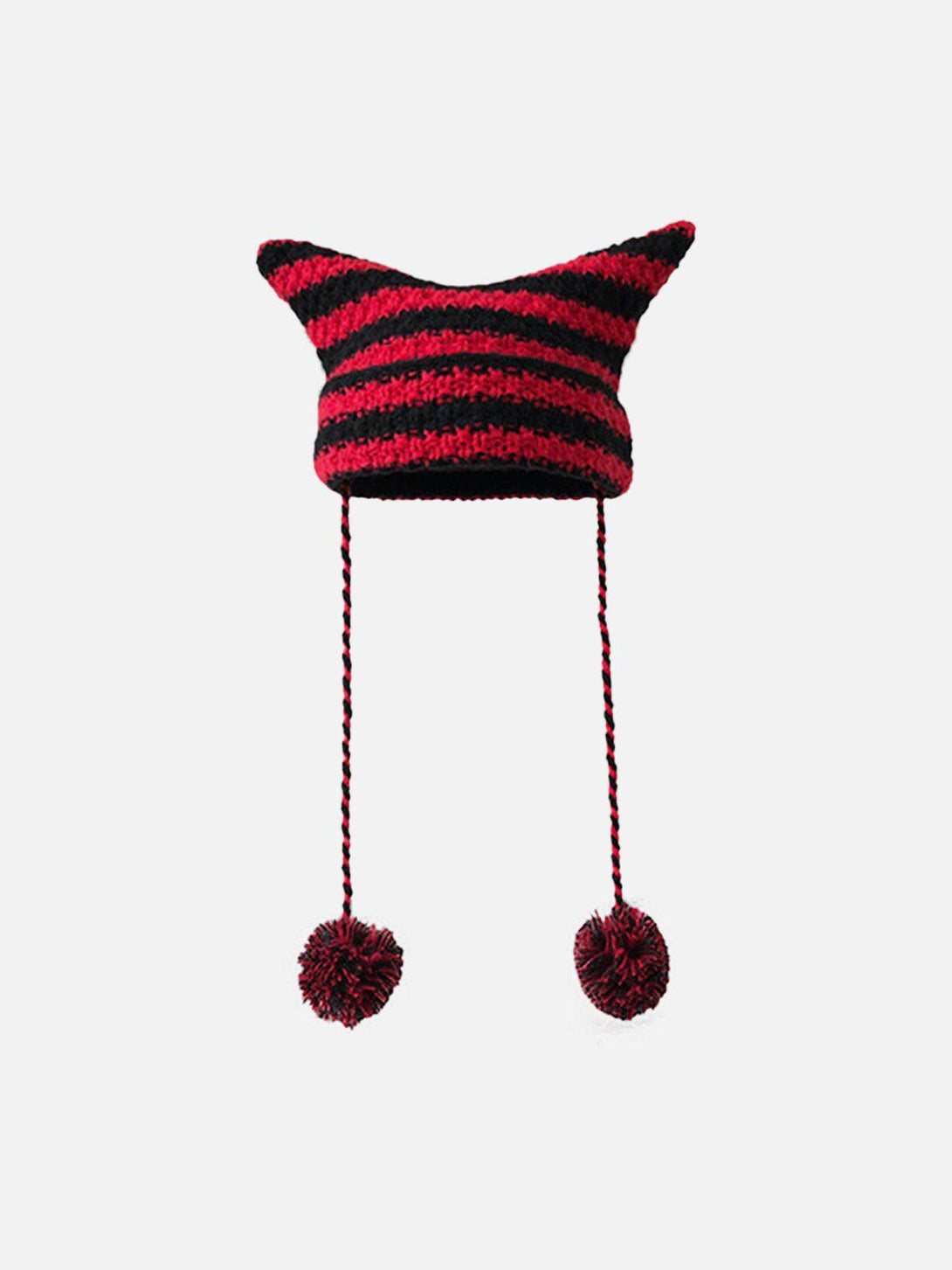TALISHKO red and black striped hat with playful cat ears and pom-pom ties, front view.