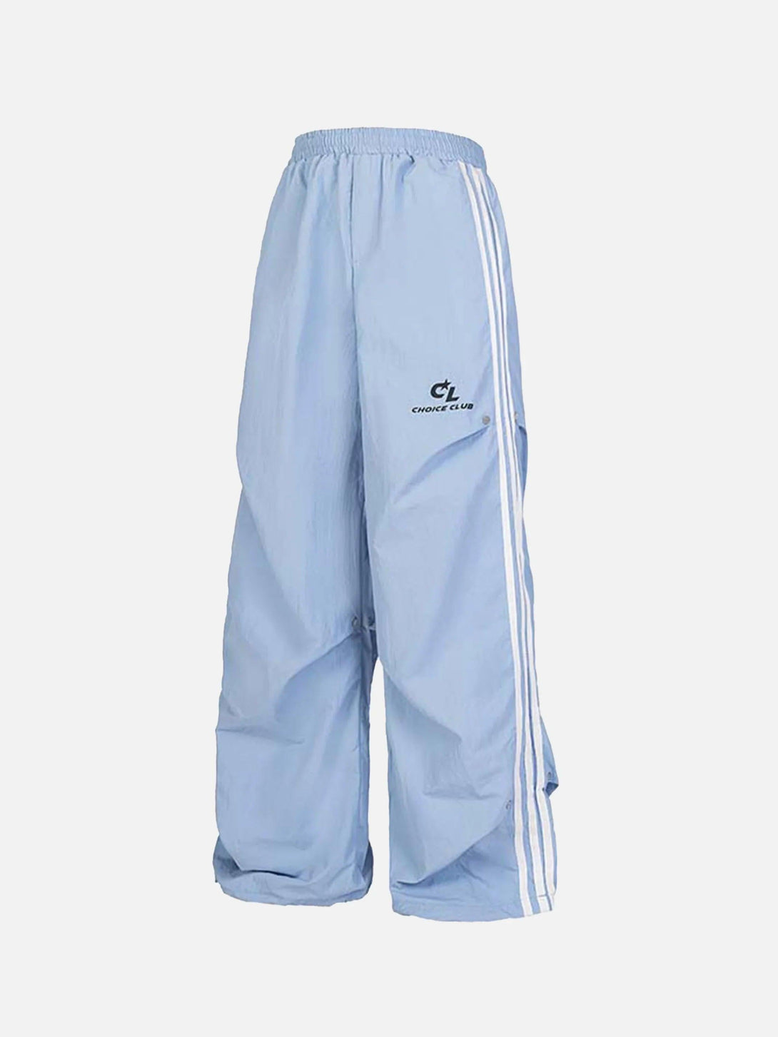 Blue striped sweatpants by TALISHKO, front view, showcasing a relaxed street style.