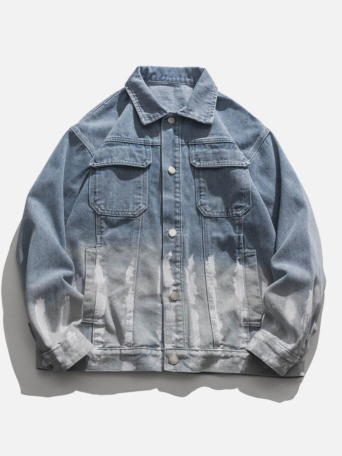 Front view of TALISHKO's blue ombré denim jacket, showcasing a stylish streetwear vibe.
