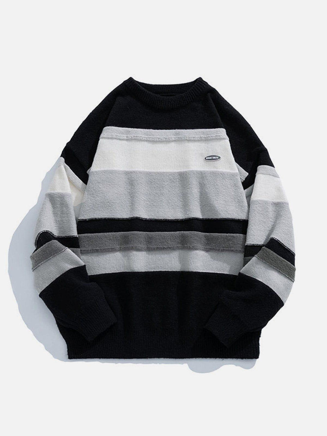 Front view of a black striped sweater by TALISHKO, featuring a unique spliced design.