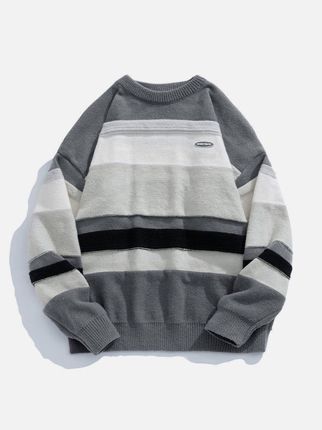 Front view of a gray striped sweater by TALISHKO, highlighting its soft texture and casual style.