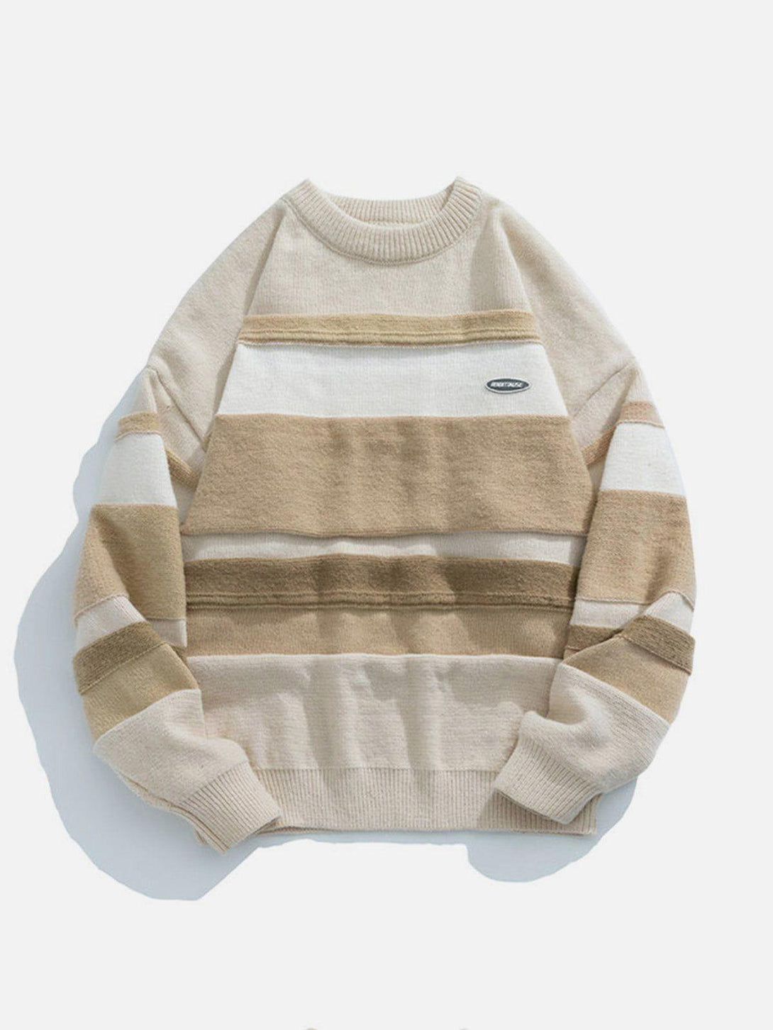 Khaki striped sweater showcasing a spliced design by TALISHKO, ideal for casual wear.