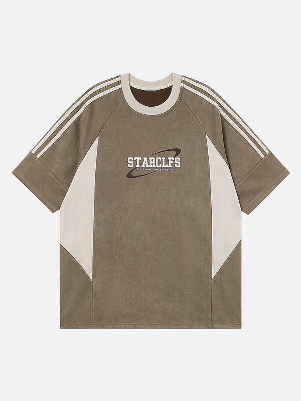 Front view of a khaki oversized T-shirt by TALISHKO, featuring suede contrast panels and embroidered lettering.