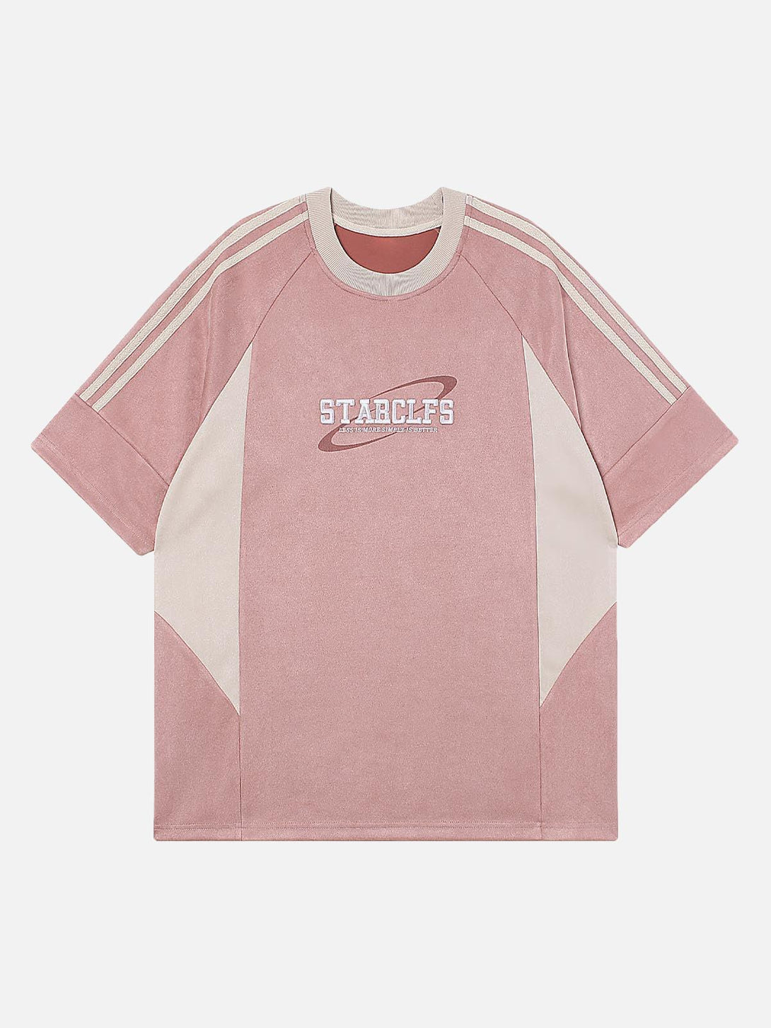 Front view of a pink oversized T-shirt by TALISHKO, showcasing suede contrasts and embroidery.