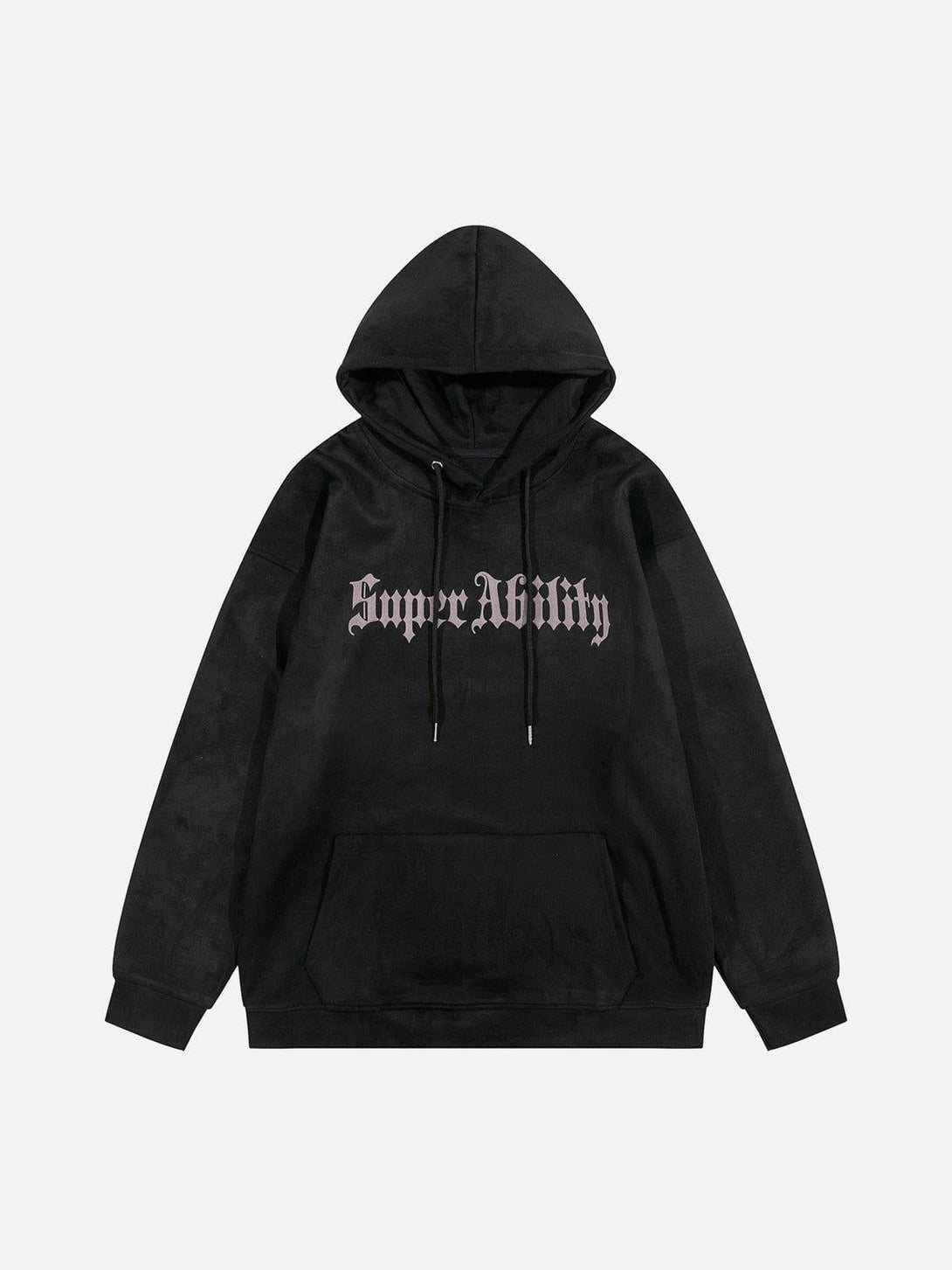 Front view of black suede hoodie by TALISHKO with bold lettering and an urban flair.