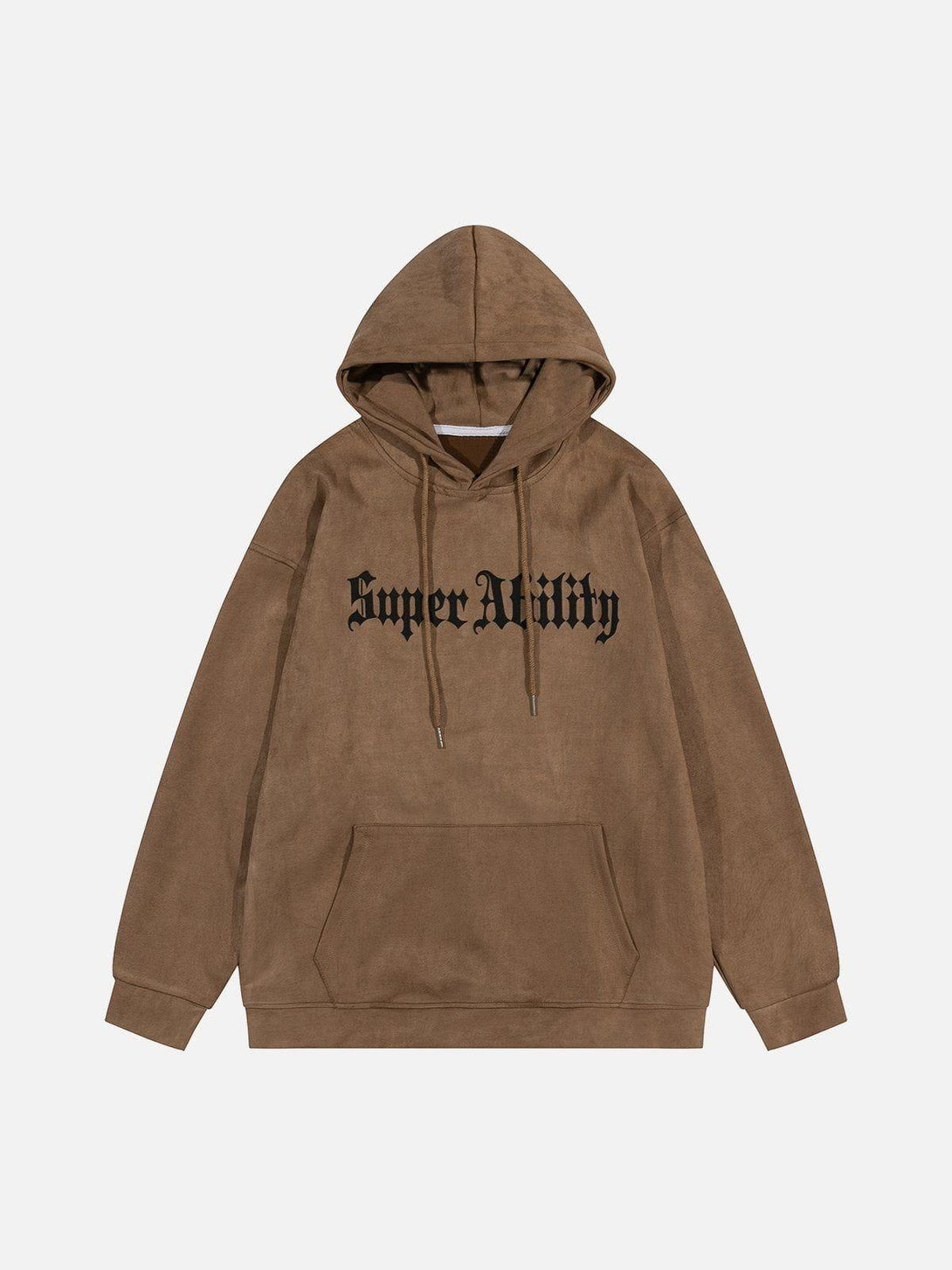 Front view of coffee suede hoodie by TALISHKO with bold lettering and a cozy street style.